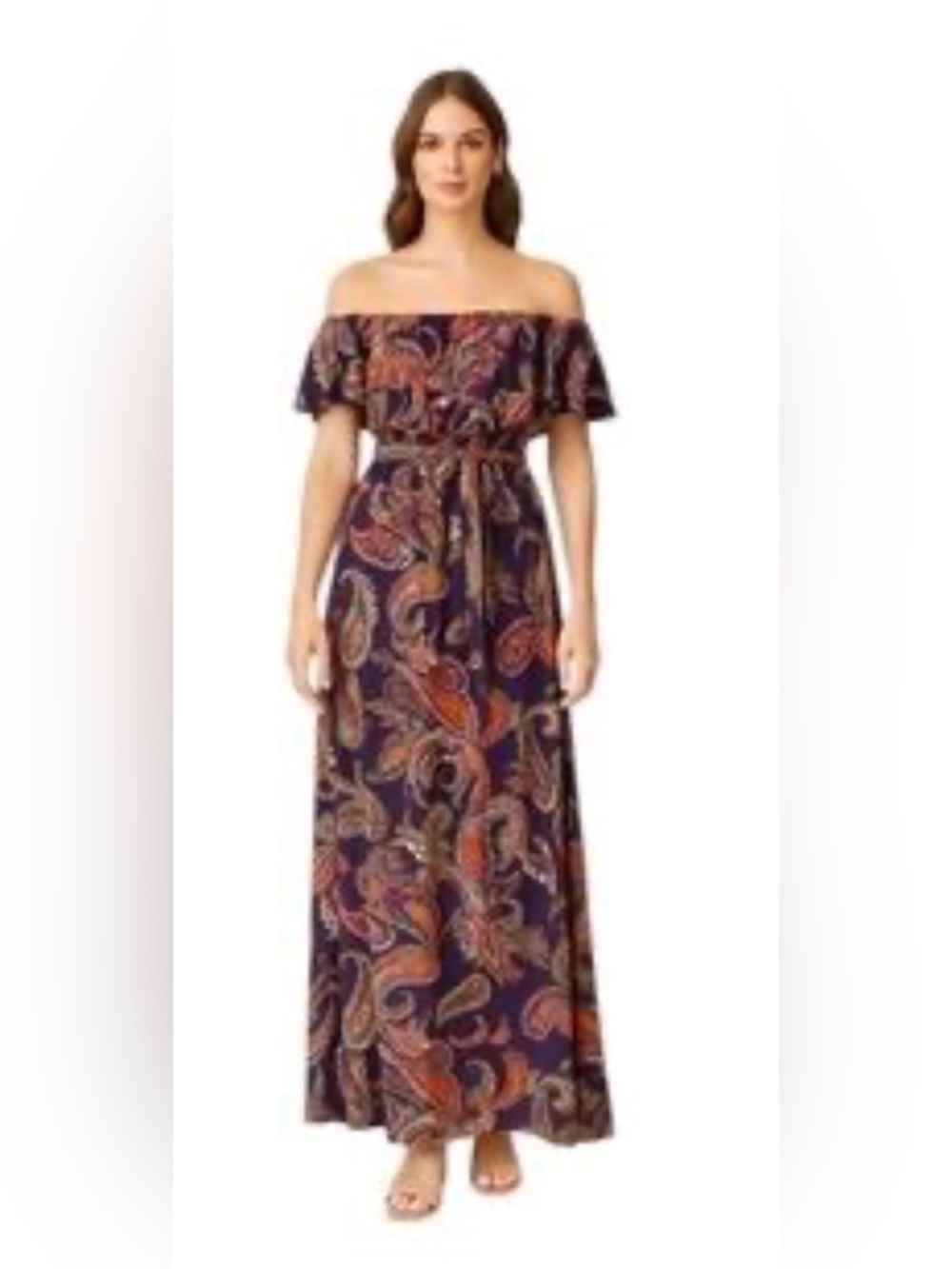 Off-Shoulder Navy Paisley Maxi Dress